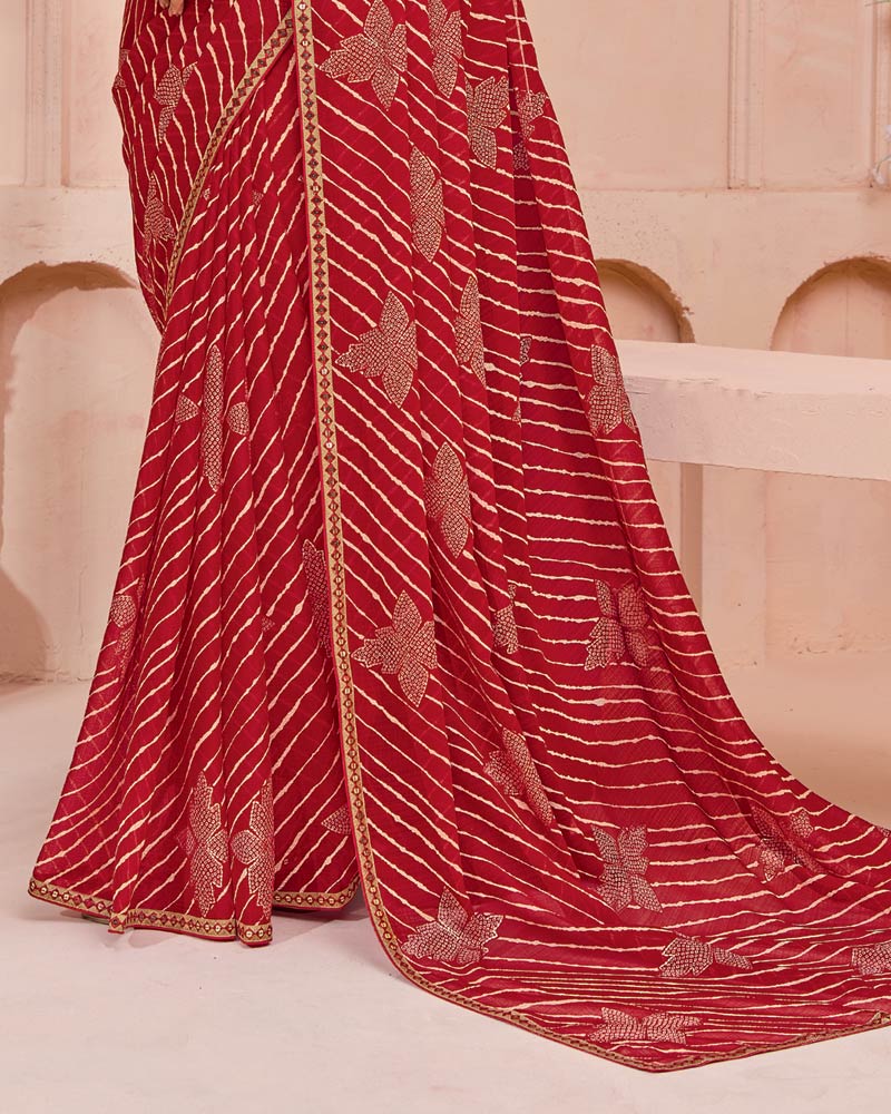 Vishal Prints Scarlet Red Printed Chiffon Saree With Fancy Border