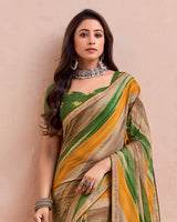 Vishal Prints French Beige And Camo Green Printed Chiffon Saree With Fancy Border