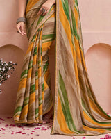 Vishal Prints French Beige And Camo Green Printed Chiffon Saree With Fancy Border