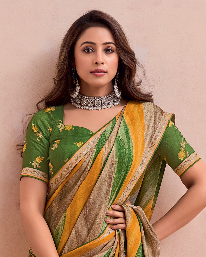 Vishal Prints French Beige And Camo Green Printed Chiffon Saree With Fancy Border