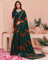 Vishal Prints Dark Bottle Green And Rusty Orange Printed Satin-Chiffon Saree With Cut Work Diamond Border