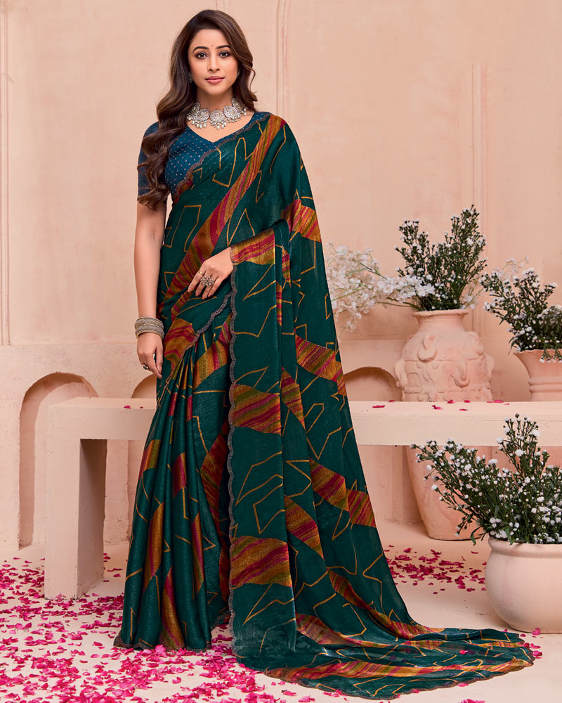 Vishal Prints Dark Bottle Green And Rusty Orange Printed Satin-Chiffon Saree With Cut Work Diamond Border