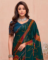 Vishal Prints Dark Bottle Green And Rusty Orange Printed Satin-Chiffon Saree With Cut Work Diamond Border