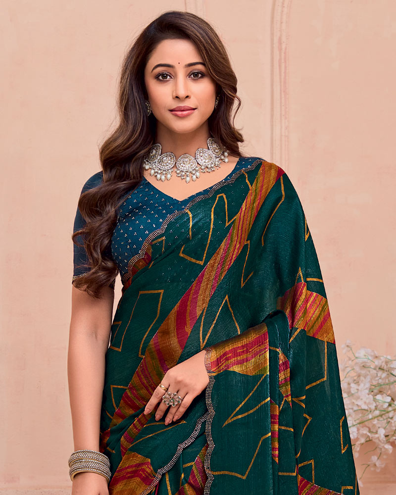 Vishal Prints Dark Bottle Green And Rusty Orange Printed Satin-Chiffon Saree With Cut Work Diamond Border
