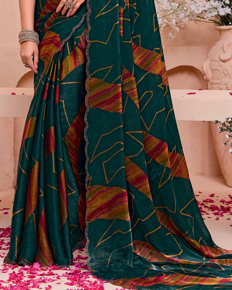 Vishal Prints Dark Bottle Green And Rusty Orange Printed Satin-Chiffon Saree With Cut Work Diamond Border