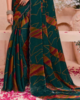 Vishal Prints Dark Bottle Green And Rusty Orange Printed Satin-Chiffon Saree With Cut Work Diamond Border