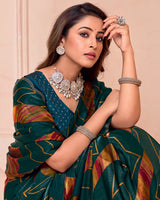 Vishal Prints Dark Bottle Green And Rusty Orange Printed Satin-Chiffon Saree With Cut Work Diamond Border