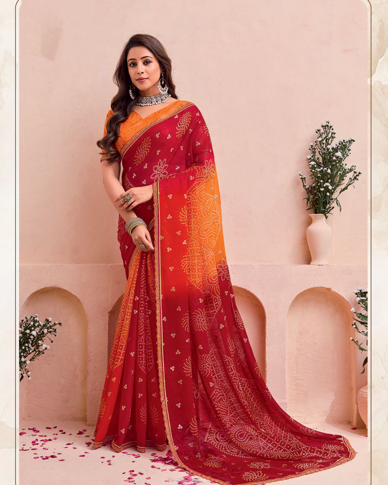 Vishal Prints Flame Orange And Crimson Red Printed Chiffon Traditional Print Saree With Foil Print And Cut Work Border