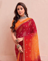 Vishal Prints Flame Orange And Crimson Red Printed Chiffon Traditional Print Saree With Foil Print And Cut Work Border