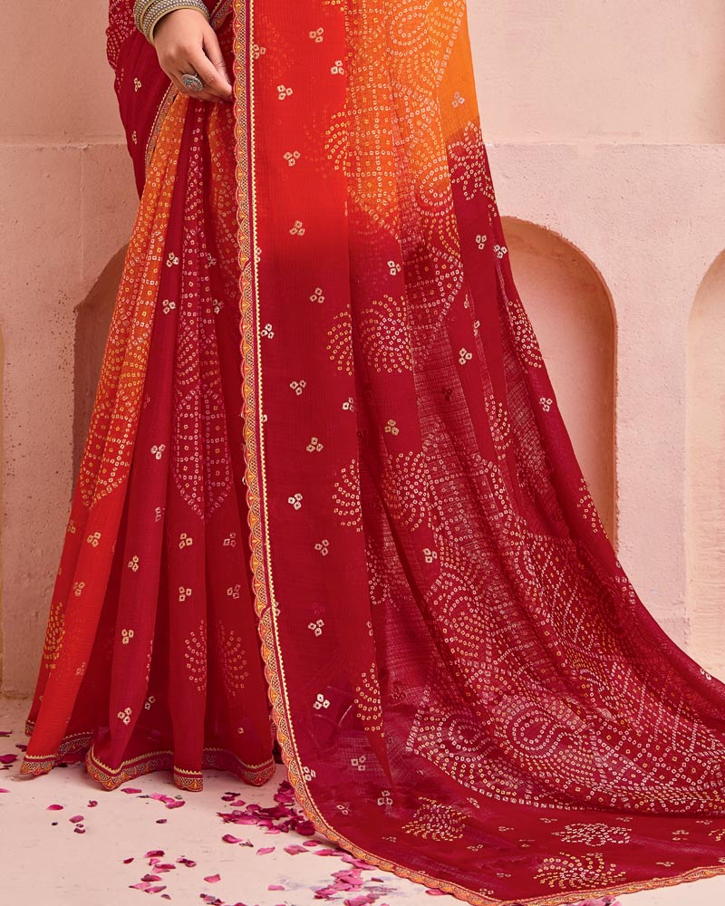 Vishal Prints Flame Orange And Crimson Red Printed Chiffon Traditional Print Saree With Foil Print And Cut Work Border