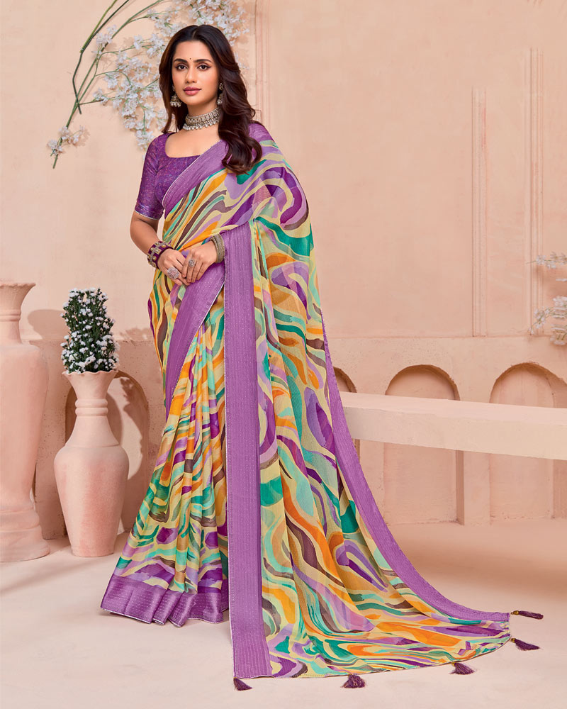 Vishal Prints Dusty Purple Printed Chiffon Saree With Weaved Satin Patta