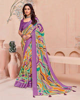Vishal Prints Dusty Purple Printed Chiffon Saree With Weaved Satin Patta