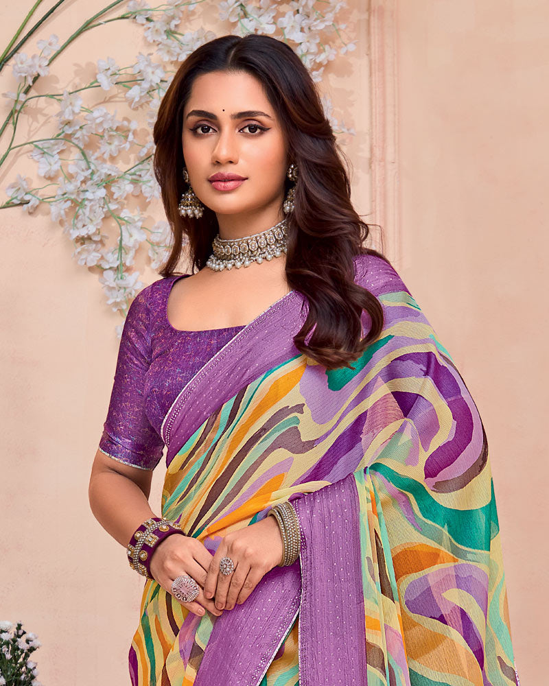 Vishal Prints Dusty Purple Printed Chiffon Saree With Weaved Satin Patta