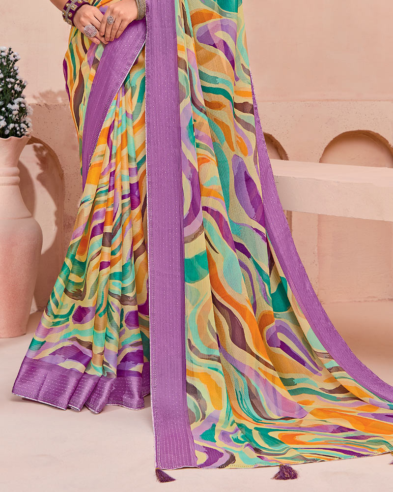 Vishal Prints Dusty Purple Printed Chiffon Saree With Weaved Satin Patta