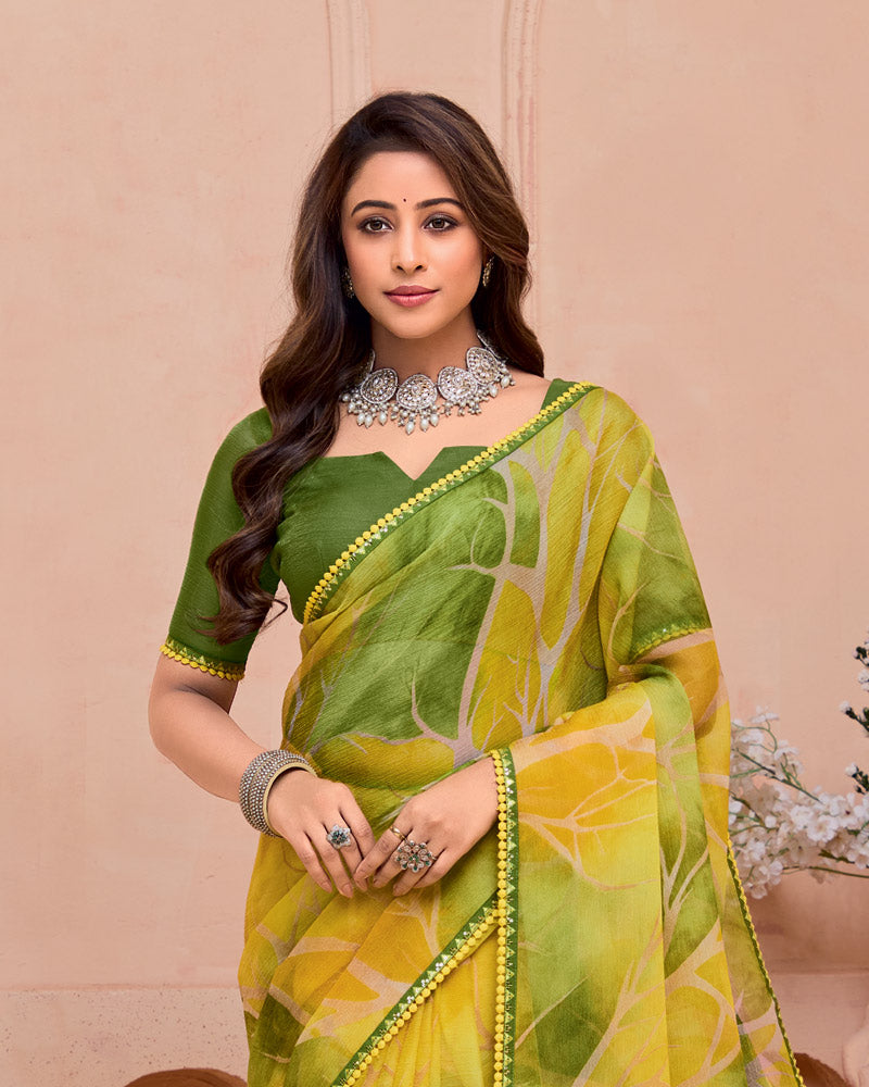 Vishal Prints Mustard Yellow Printed Fancy Chiffon Saree With Border
