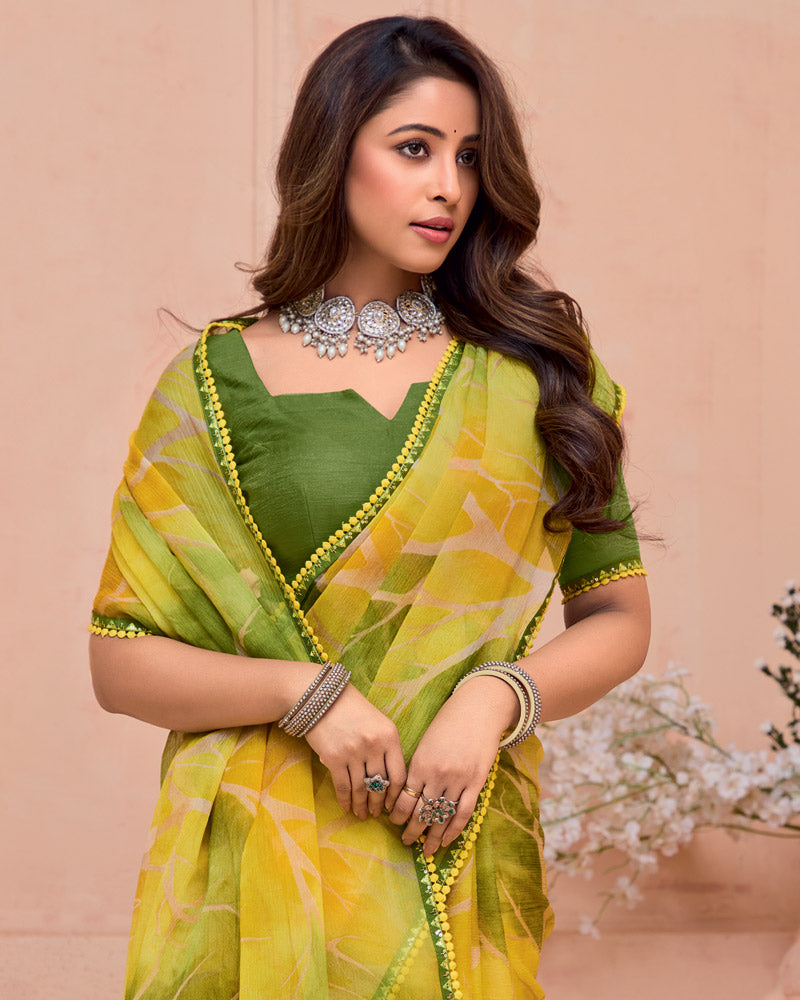 Vishal Prints Mustard Yellow Printed Fancy Chiffon Saree With Border