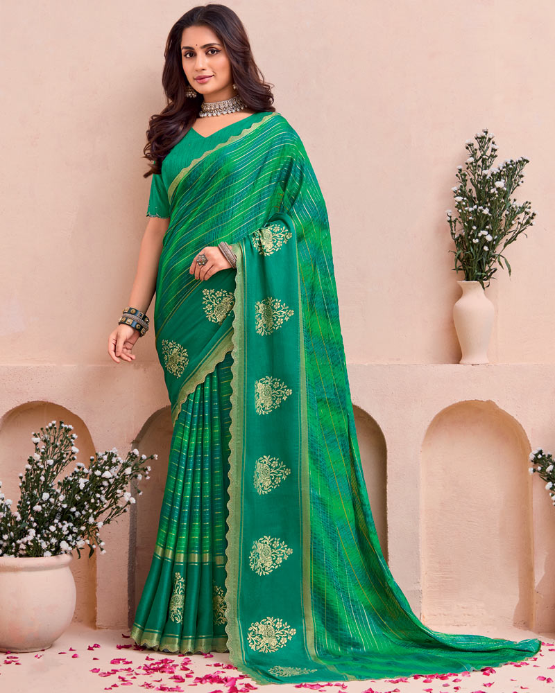 Vishal Prints Dark And Pine Green Printed Chiffon Traditional Print Saree With Foil Print And Cut Work Border