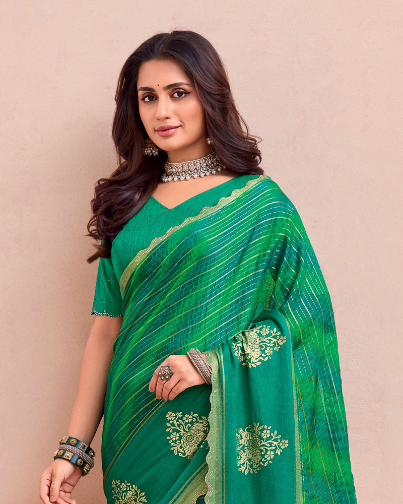 Vishal Prints Dark And Pine Green Printed Chiffon Traditional Print Saree With Foil Print And Cut Work Border