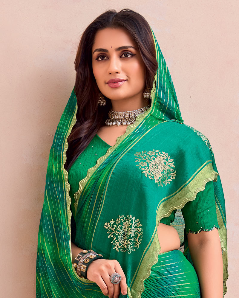 Vishal Prints Dark And Pine Green Printed Chiffon Traditional Print Saree With Foil Print And Cut Work Border