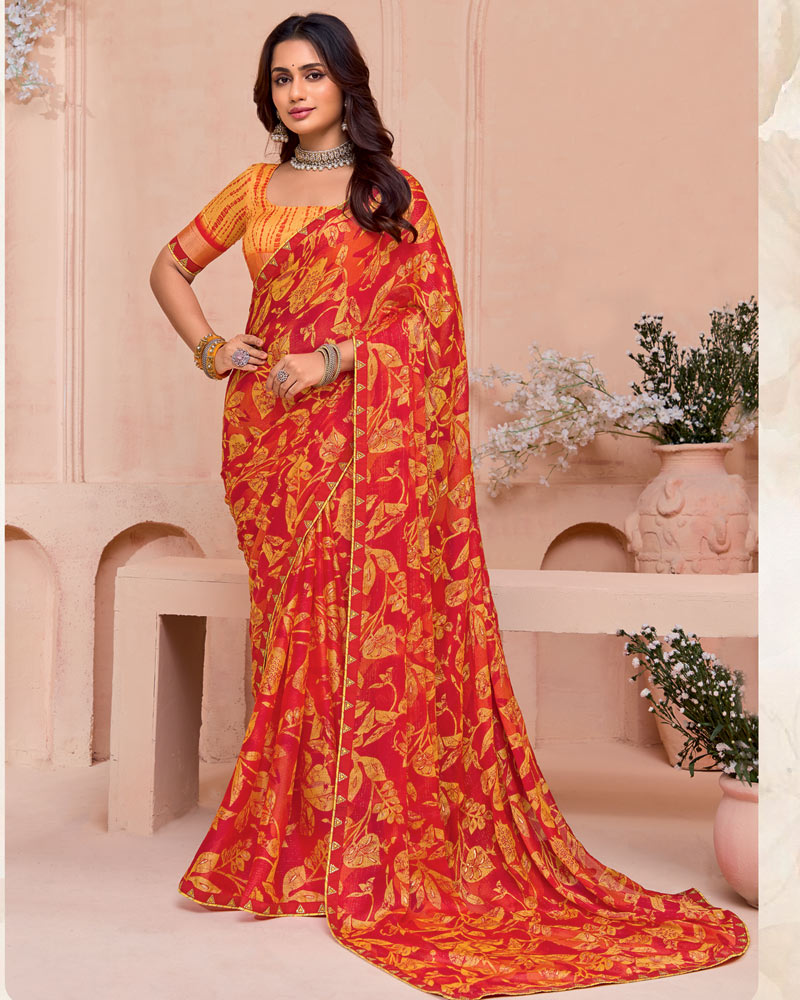 Vishal Prints Pumpkin Orange And Dark Red Printed Chiffon Saree With Fancy Border
