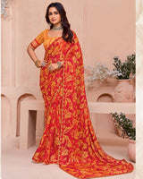Vishal Prints Pumpkin Orange And Dark Red Printed Chiffon Saree With Fancy Border