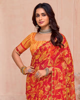 Vishal Prints Pumpkin Orange And Dark Red Printed Chiffon Saree With Fancy Border