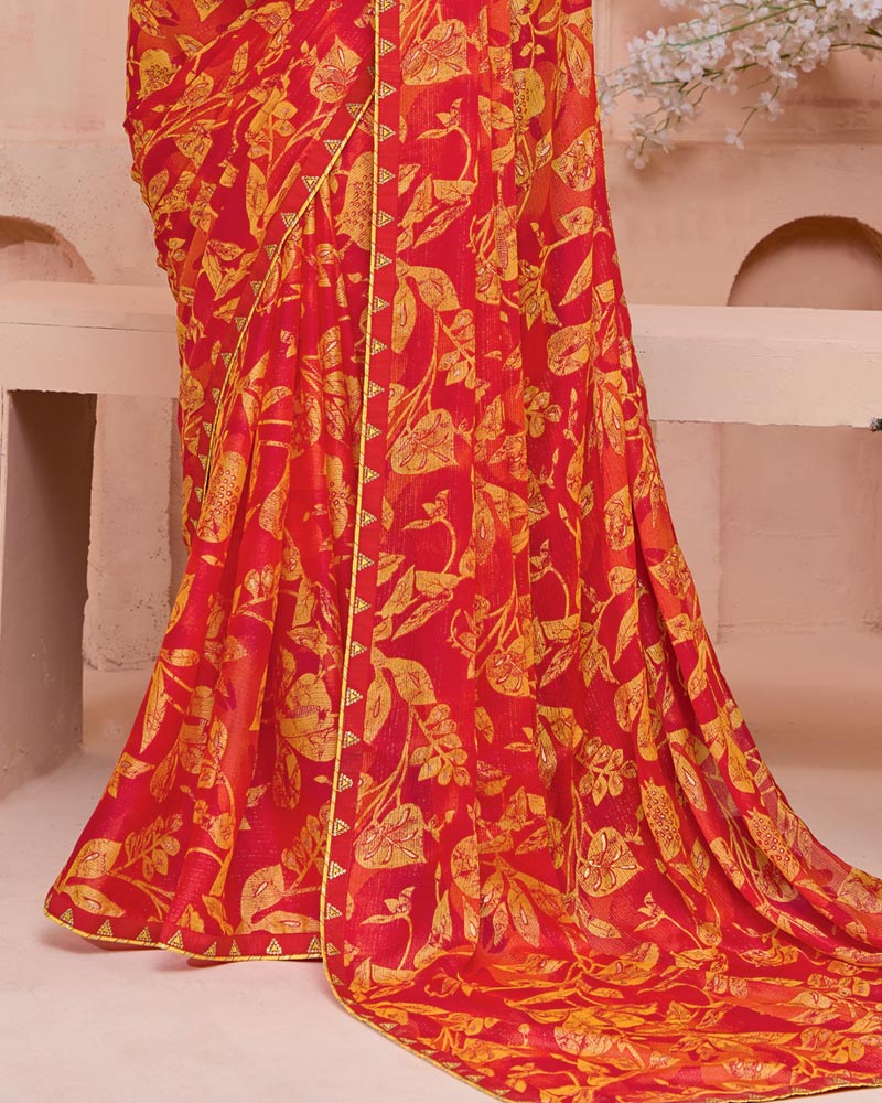 Vishal Prints Pumpkin Orange And Dark Red Printed Chiffon Saree With Fancy Border