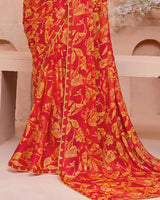 Vishal Prints Pumpkin Orange And Dark Red Printed Chiffon Saree With Fancy Border
