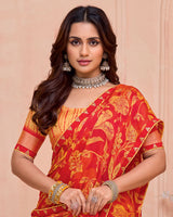 Vishal Prints Pumpkin Orange And Dark Red Printed Chiffon Saree With Fancy Border