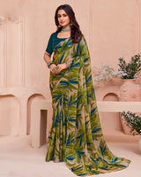 Vishal Prints Pinkish Tan And Brownish Green Digital Printed Satin-Chiffon Saree With Cut Work Diamond Border