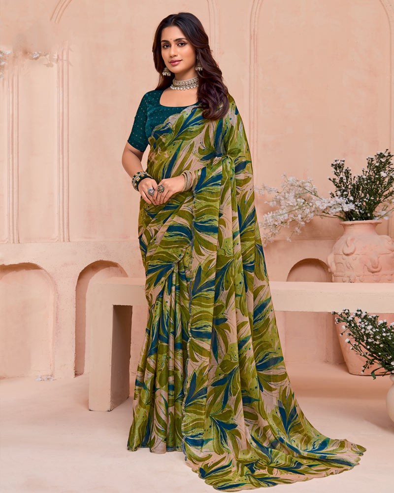 Vishal Prints Pinkish Tan And Brownish Green Digital Printed Satin-Chiffon Saree With Cut Work Diamond Border