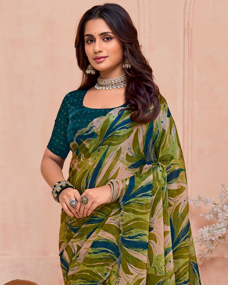 Vishal Prints Pinkish Tan And Brownish Green Digital Printed Satin-Chiffon Saree With Cut Work Diamond Border