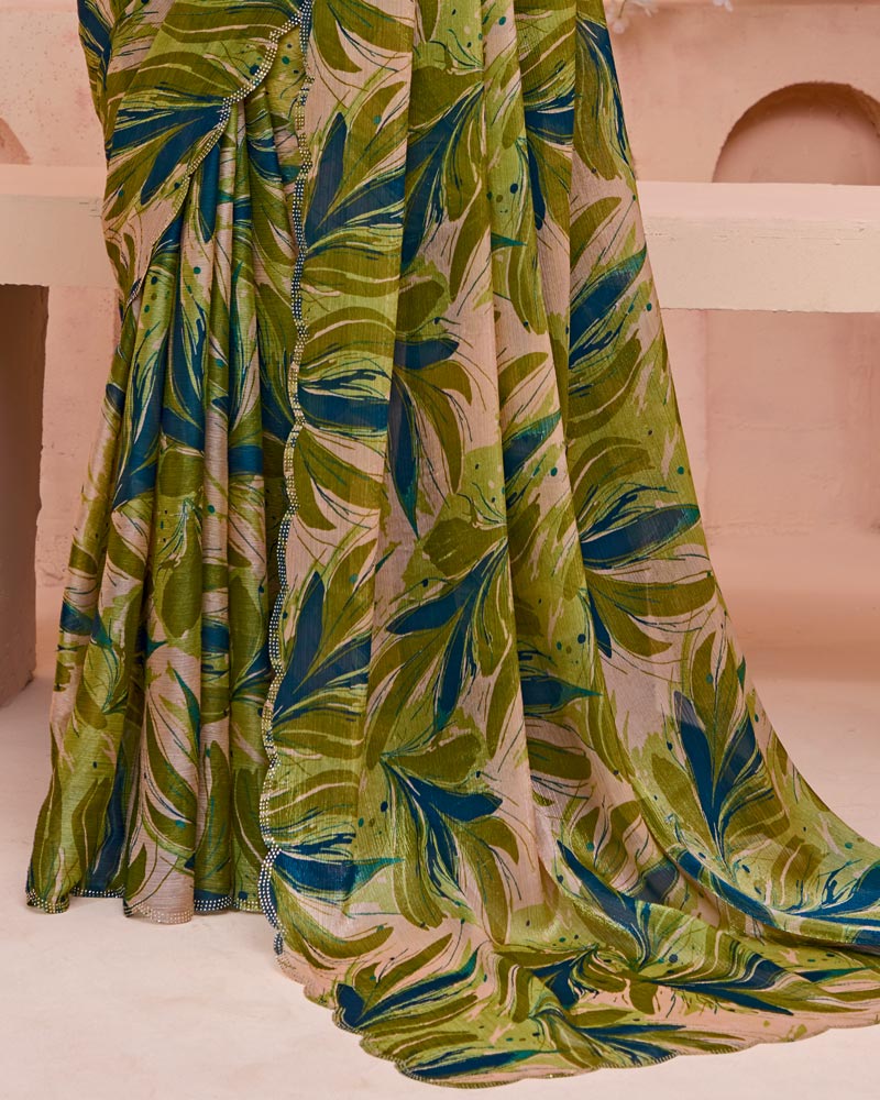 Vishal Prints Pinkish Tan And Brownish Green Digital Printed Satin-Chiffon Saree With Cut Work Diamond Border