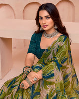 Vishal Prints Pinkish Tan And Brownish Green Digital Printed Satin-Chiffon Saree With Cut Work Diamond Border