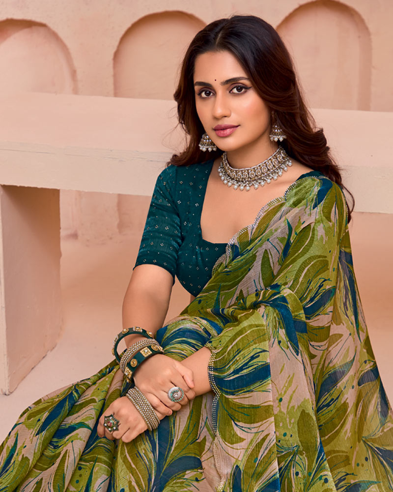 Vishal Prints Pinkish Tan And Brownish Green Digital Printed Satin-Chiffon Saree With Cut Work Diamond Border