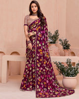 Vishal Prints Wine Berry Printed Chiffon Saree With Cut Work Border