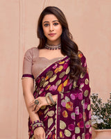 Vishal Prints Wine Berry Printed Chiffon Saree With Cut Work Border