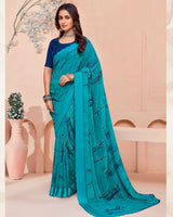 Vishal Prints Ocean Blue Printed Georgette Saree With Foil Print And Weaved Satin Patta