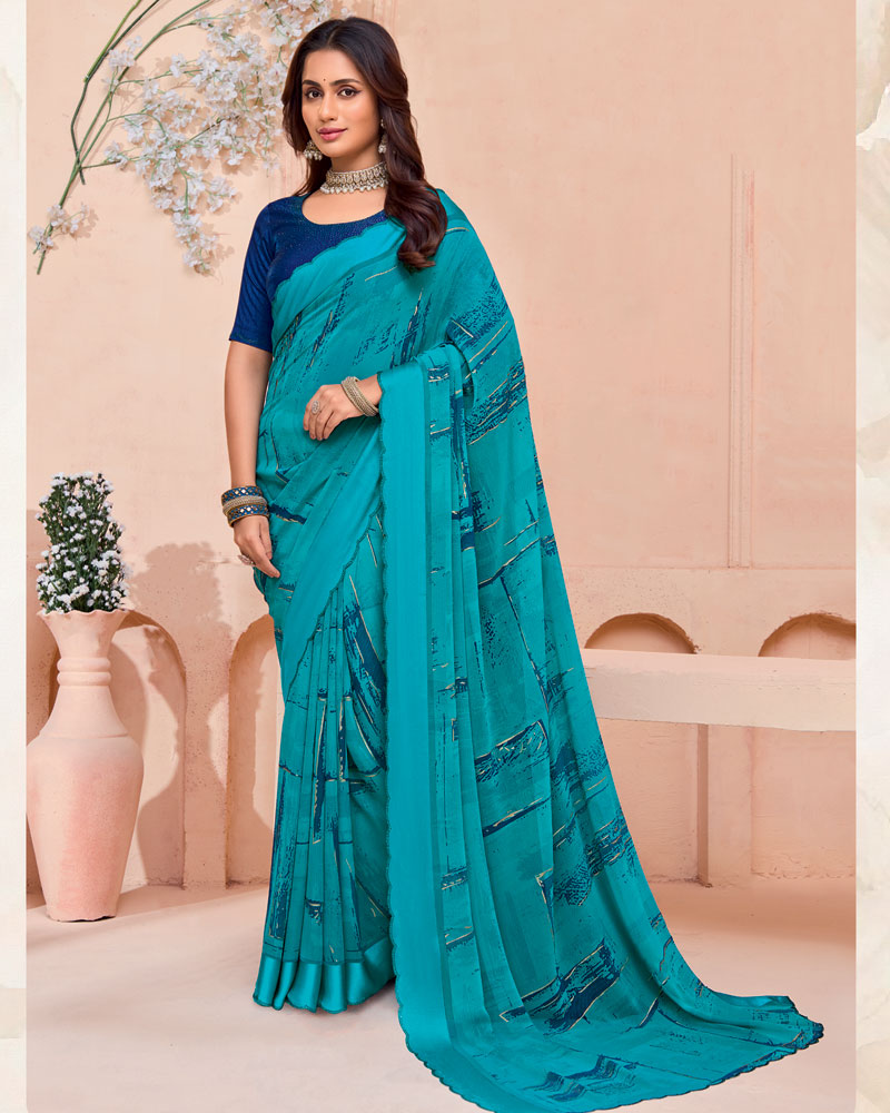 Vishal Prints Ocean Blue Printed Georgette Saree With Foil Print And Weaved Satin Patta