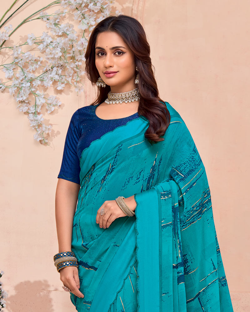 Vishal Prints Ocean Blue Printed Georgette Saree With Foil Print And Weaved Satin Patta