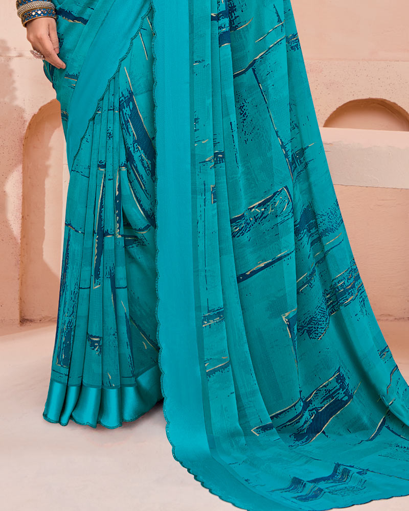 Vishal Prints Ocean Blue Printed Georgette Saree With Foil Print And Weaved Satin Patta