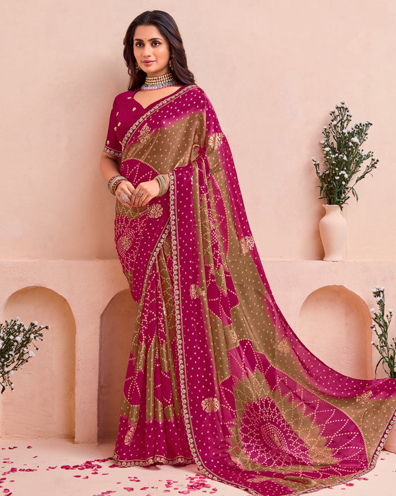 Vishal Prints Purple Red And Dull Brown Printed Fancy Satin Traditional Print Saree With Foil Print And Border