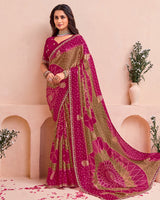 Vishal Prints Purple Red And Dull Brown Printed Fancy Satin Traditional Print Saree With Foil Print And Border