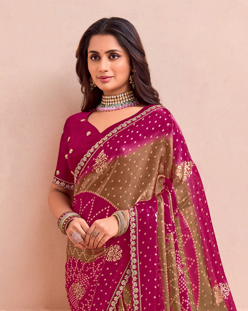 Vishal Prints Purple Red And Dull Brown Printed Fancy Satin Traditional Print Saree With Foil Print And Border