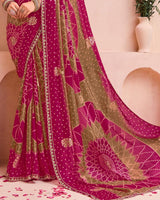 Vishal Prints Purple Red And Dull Brown Printed Fancy Satin Traditional Print Saree With Foil Print And Border