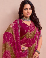 Vishal Prints Purple Red And Dull Brown Printed Fancy Satin Traditional Print Saree With Foil Print And Border