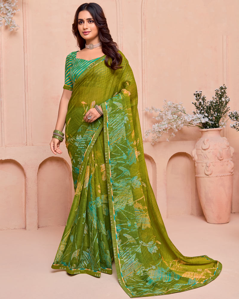Vishal Prints Brownish Green Printed Fancy Chiffon Saree With Border