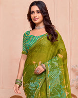 Vishal Prints Brownish Green Printed Fancy Chiffon Saree With Border