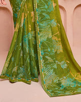Vishal Prints Brownish Green Printed Fancy Chiffon Saree With Border