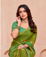Vishal Prints Brownish Green Printed Fancy Chiffon Saree With Border
